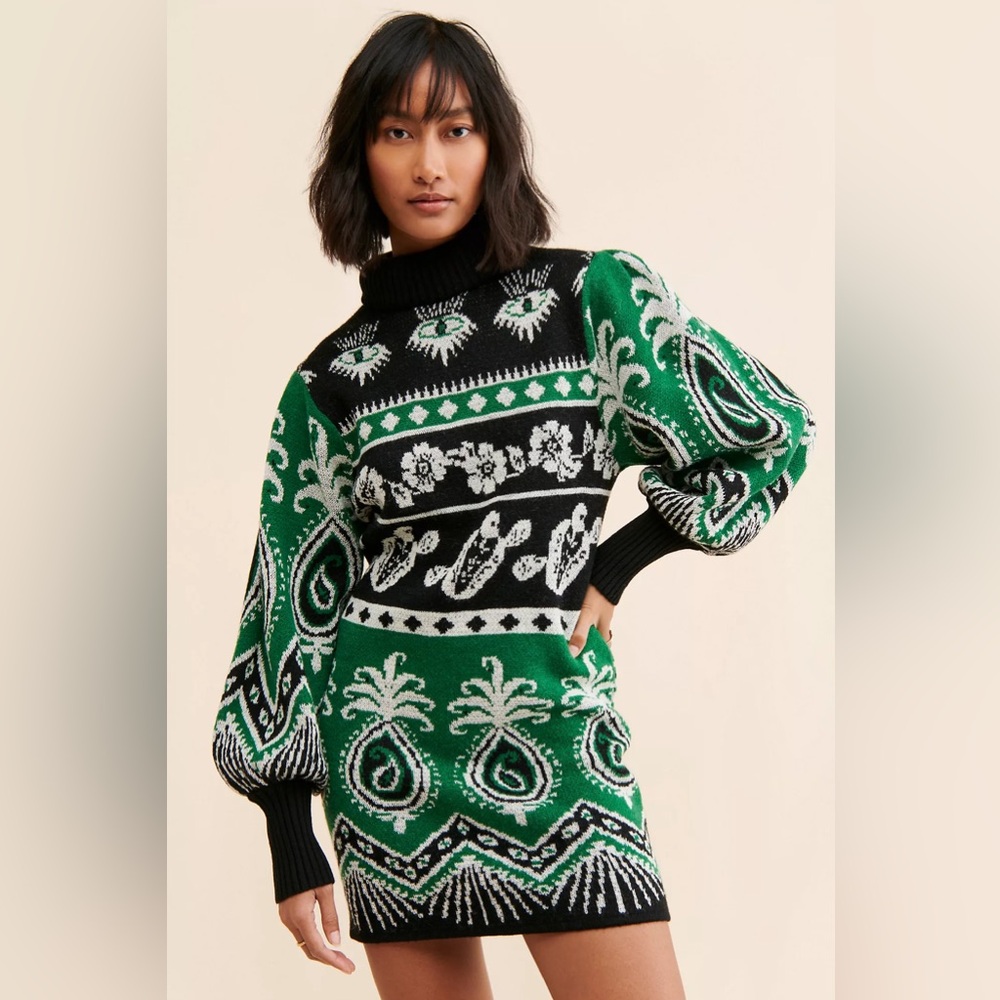 Farm Rio Mystic Scarf Sweater Dress Green / Black Print size S
